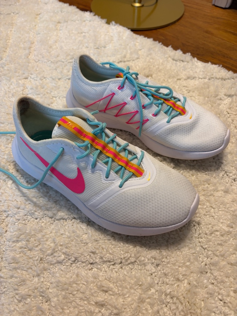Nike White Sneakers with Pink Swoosh & Teal Laces